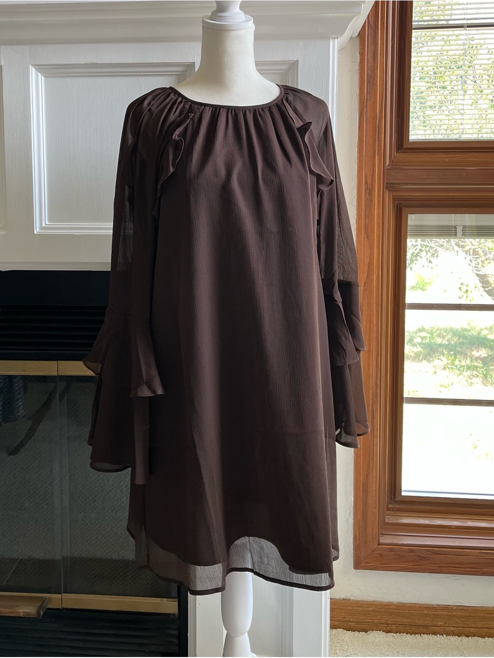 LOFT Chocolate Brown Long-Sleeve Ruffle Shift Mini Dress